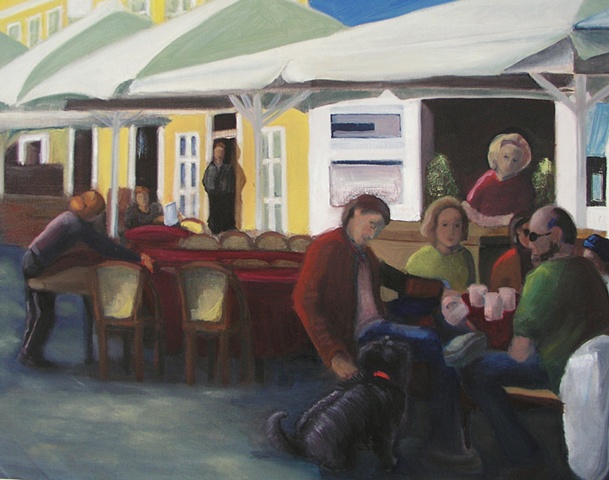 Painting of outdoor Copenhagen Cafe with streaming sunlight with people and dog