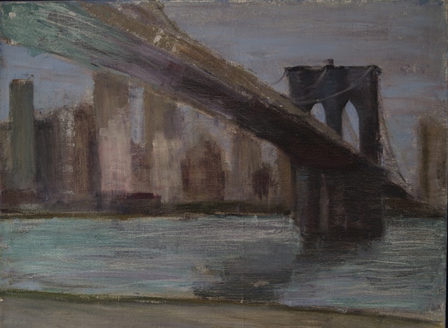 A cityscape painting of Brooklyn Bridge over the East River of Manhattan in the rain