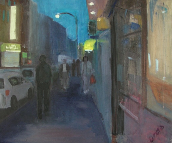 Cityscape painting of lower east side street in lower Manhattan at sunset or dusk