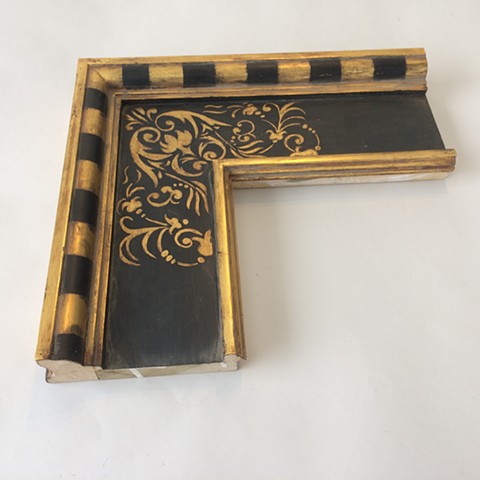 23 karat gilded Renaissance style frame design, black and gold with Sgrafitto corner design