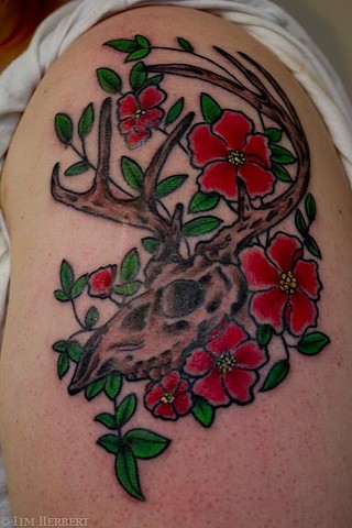 Traditional Deer skull Tattoo by Jay Carter, 8th Day Tattoo, Jacksonville, Florida USA
