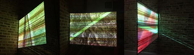 Still from Animation and Video projected on welded steel frame and naturally dyed warp screen.