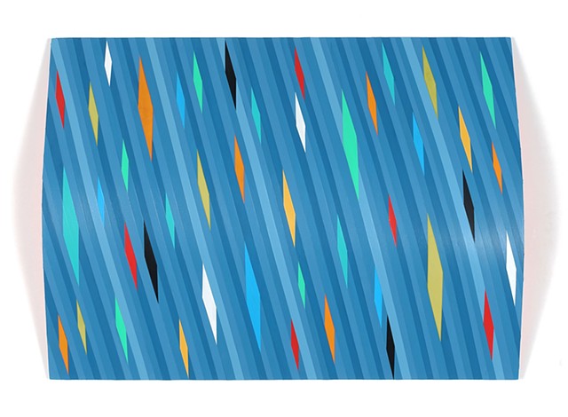 Abstract painting with blue stripes and colorful diamonds on a curved panel