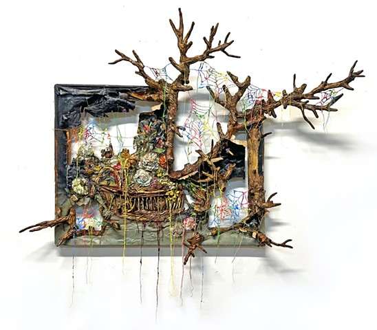Basket of flowers with branches and spiderwebs (Unravel)