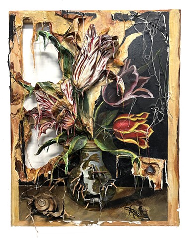 Four Tulips in a Vase with Roots (Unravel)