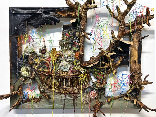 Basket of flowers with branches and spiderwebs (Unravel)