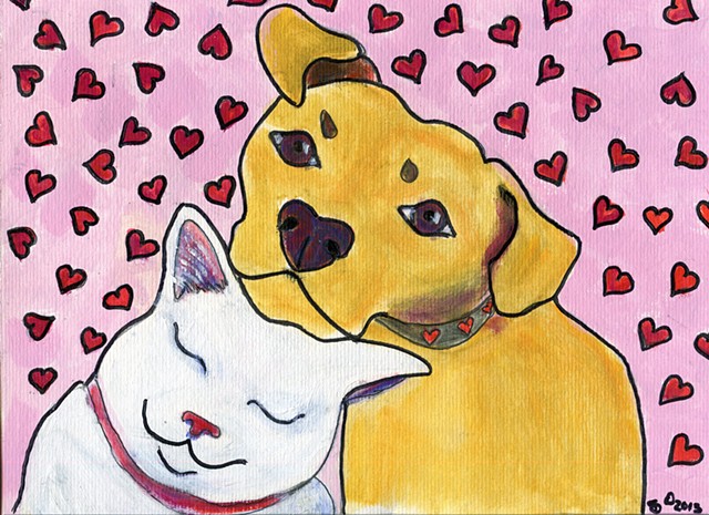 Painting of a white cat snuggling with a dog for sale 