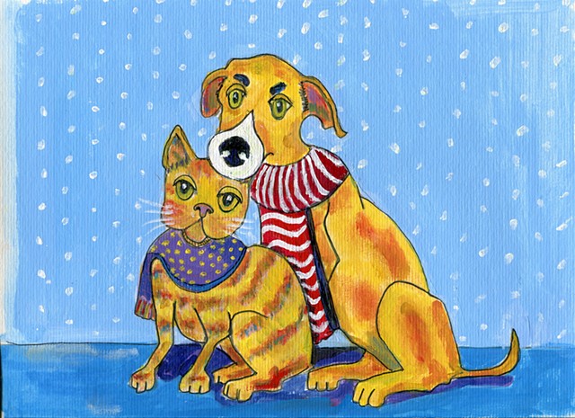 Cat and dog wintertime painting 