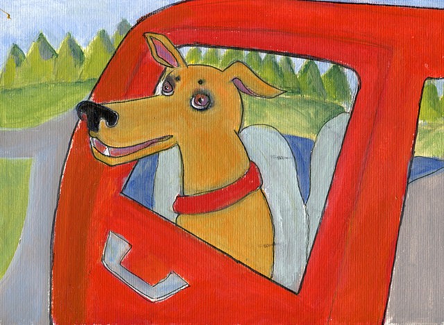 Painting of a dog riding in red car for sale