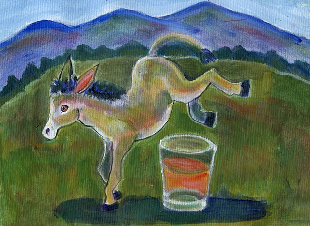 A mule kicks up its heels. Acrylic painting.