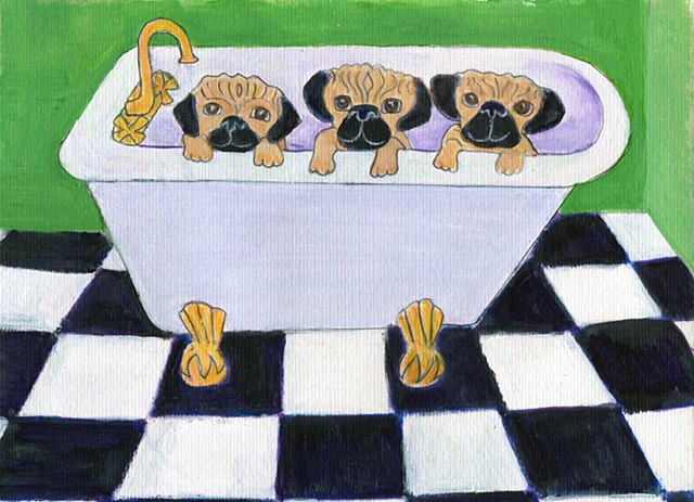 Painting of three pugs in a tub for sale
