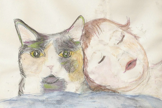 Watercolor pencil on paper of sleeping baby and cat. 
