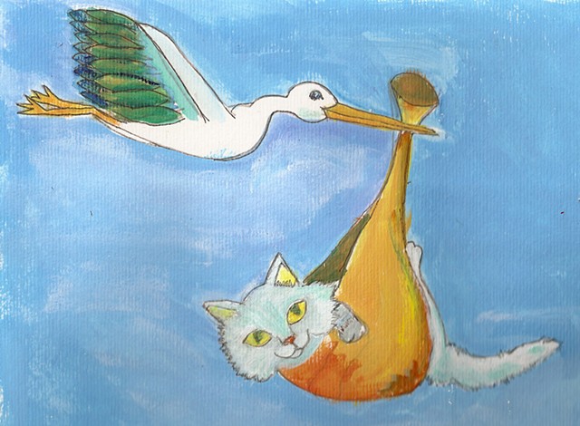 painting of a stork carrying a kitten for sale 