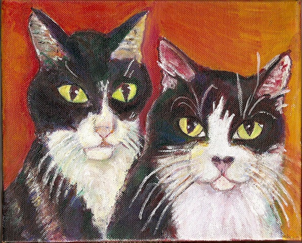 Painting of two tuxedo cats