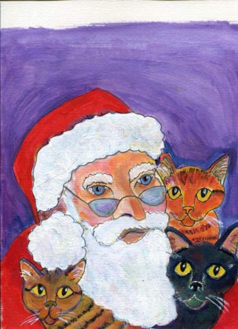 Santa and three cats painting