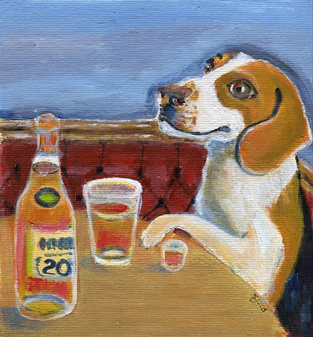 Beagle painting with beer and scotch