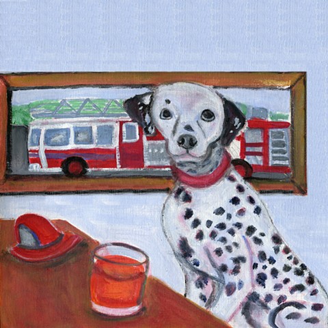 Dalmation painting showing dalmation, fire truck, and fireball cocktail