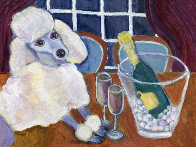 A gray poodle sits next to a champagne bucket in front of a window. 