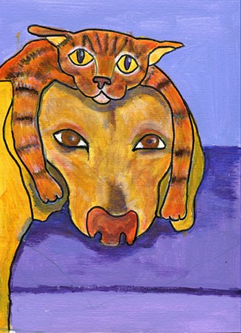 Painting of a cat acting as a hat lying on a dog's head 