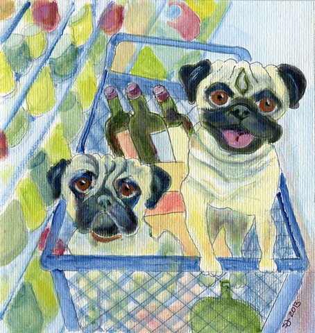 Pugs in a shopping cart with wine 