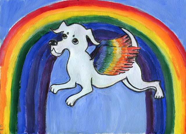 Painting of a dog angel flying over a rainbow