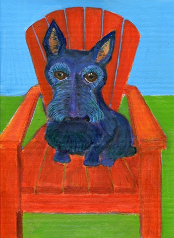 Painting of a Scottish terrier in a red chair for sale