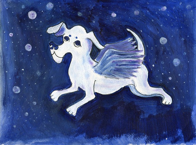 Painting of a dog angel in the night sky for sale