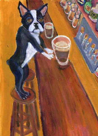A Boston Terrier stands on a bar stool in a bar, A pint of dark beer stands near him.  