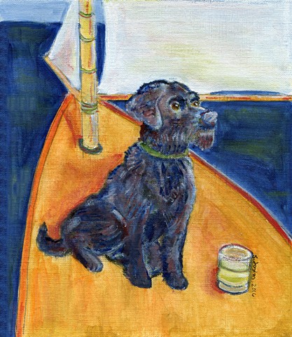 Portuguese Water Dog on a Sailboat with a Salty Dog cocktail