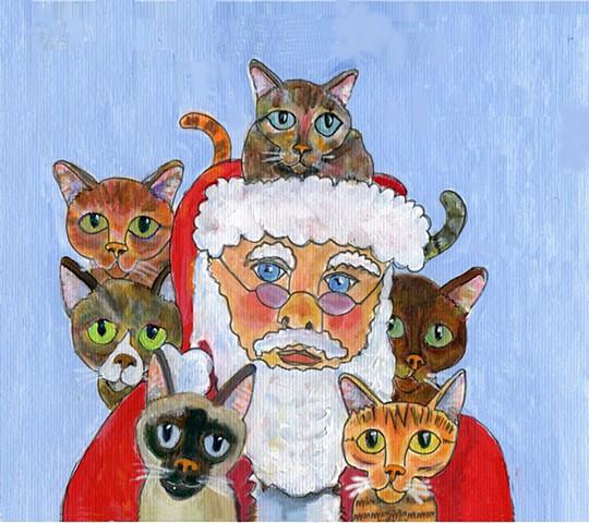 Painting of Santa and 6 cats