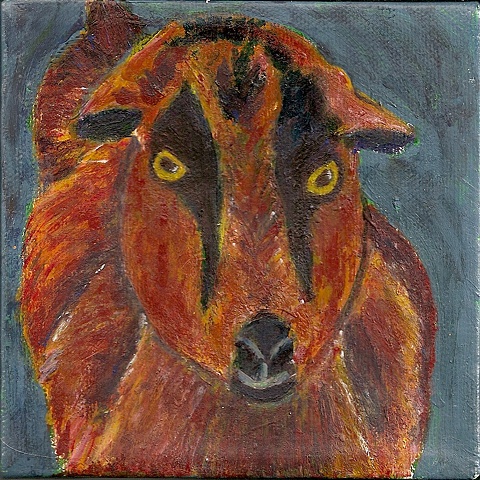 A whimsical custom pet portrait of Keegan the goat