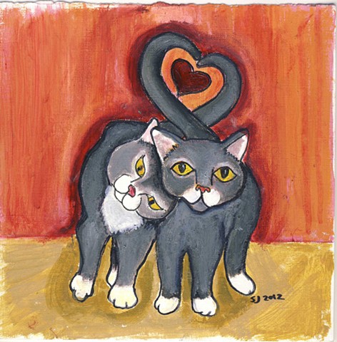 Sweet painting of two gray cats with entwined tails for sale 