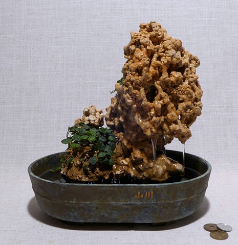 Tabletop fountain using extinct coral and live plants