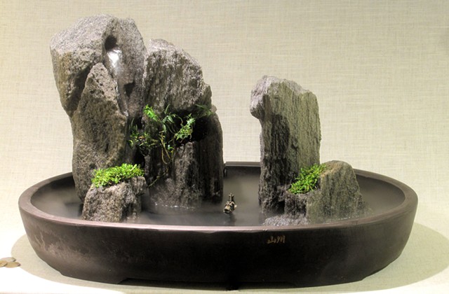 island group fountain with fogger, boat, and dwarf plants