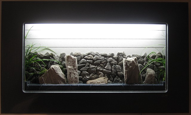 wall fountain with feather rock wall, live plants, and Corian frame