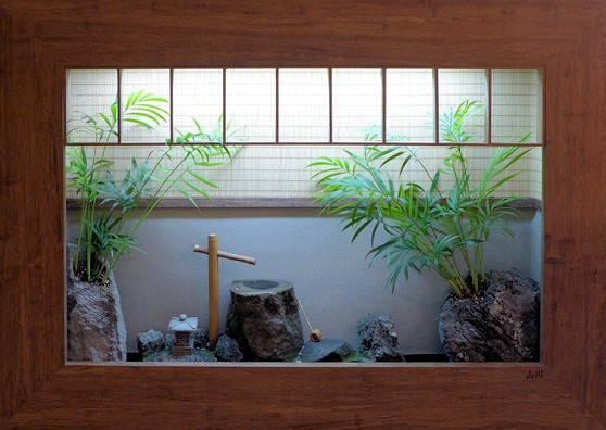 Shadowbox wall fountain with Japanese tea garden design