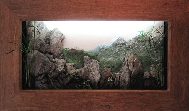 shadowbox mountain landscape with fountain and plants