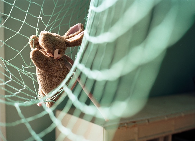 A stuffed brown bunny with a pink bow is hanging in green fishnet photographed by lucy mueller
