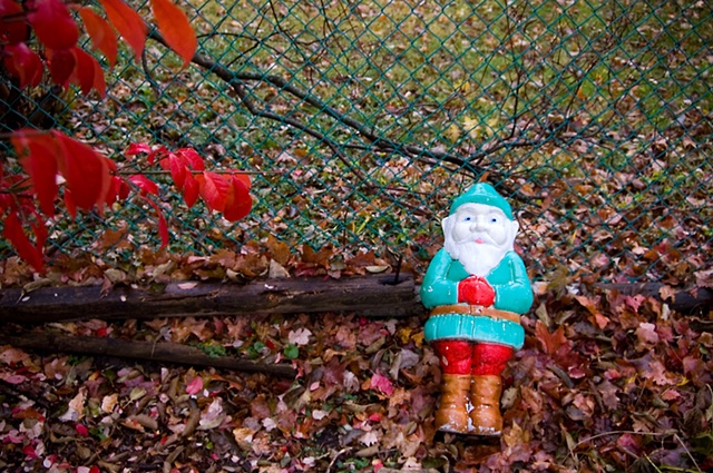 A red, white and blue Christmas Elf lie on the ground near a colorful fall burning bush photographed by Lucy Mueller