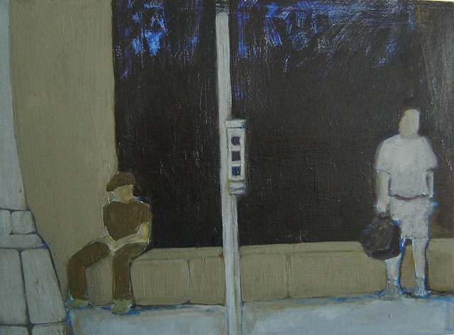 acrylic painting of figures at bus stop