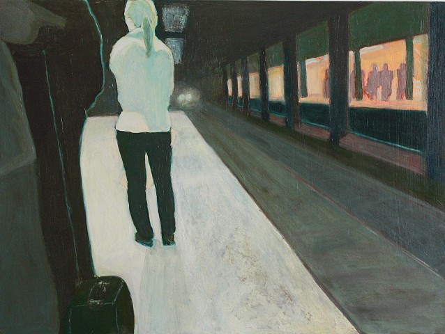woman on subway platform acrylic painting