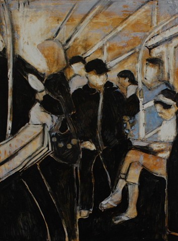Figures on mass transit acrylic painting