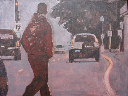 figure crossing street acrylic painting