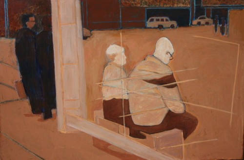 figures in bus shelter new york acrylic painting