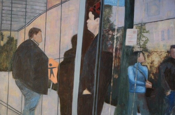figures reflected in window acrylic painting