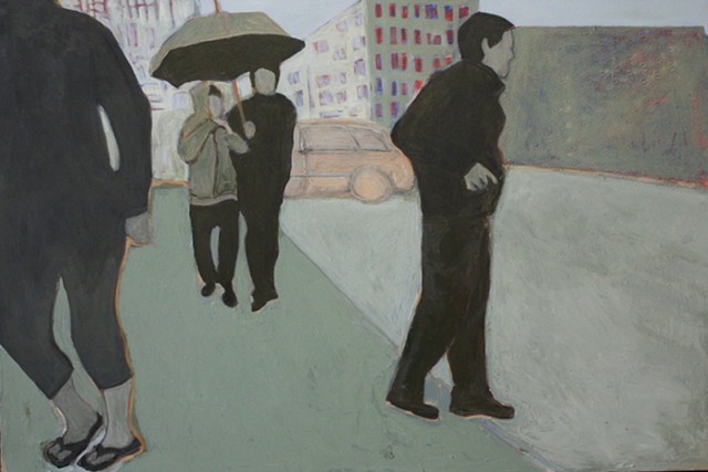 acrylic figurative painting figures in the rain