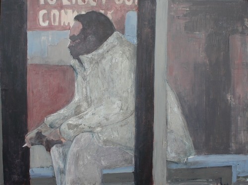 man in bus shelter smoking acrylic painting