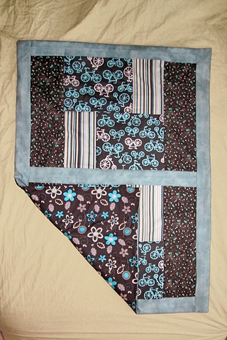bike bicycle baby quilt blue gray floral flowers 