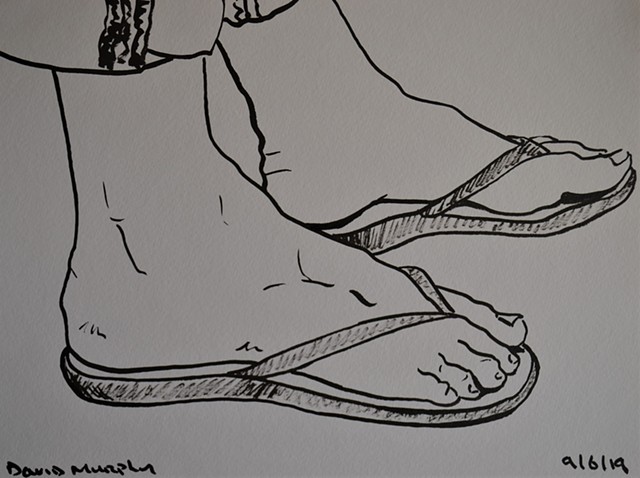 Girl's Feet in Flip-Flops, drawing, brush and Indian ink, erotic, feet, david murphy, Irish, Ireland