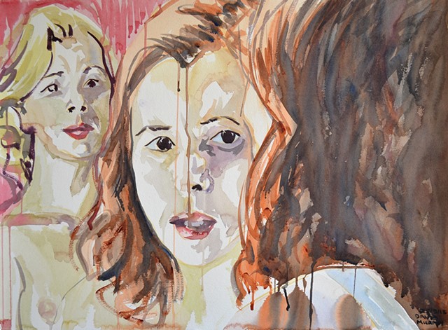 mirror, two women, watercolour, sketch, erotic, watercolour, drip, paint, female, woman, girl, contemporary art, contemporary painting